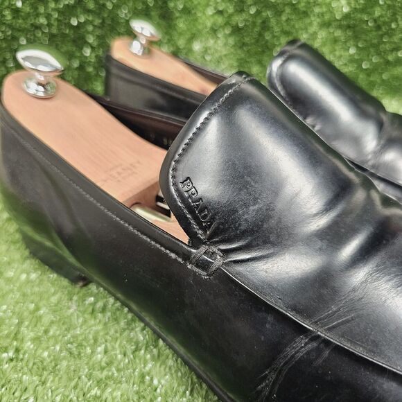 Prada Black Leather Slip On Loafers Dress Shoes Italy Mens SiE US 11.5 EU 10.5 - Picture 2 of 16